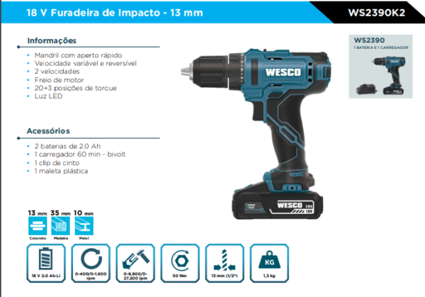WS2390 Furadeira de Impacto 13mm 18v - Image 2