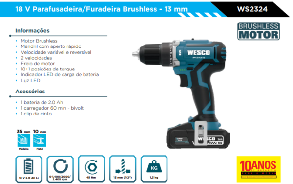 WS2324 - Furadeira Parafusadeira 13mm 18V Brushless 10 ANOS de Garantia - Image 2
