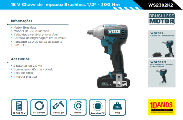 WS2382K2 - Chave de Impacto Brushless 1/2” 18V- 300 Nm C/2 bat. 2.0Ah e carregador - Image 2