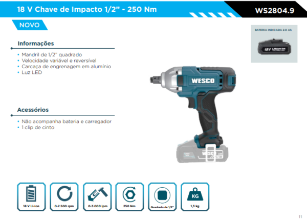 WS2804 - 18V Chave de Impacto 1/2" - 250Nm S/ BATE E CARREGADOR - Image 2