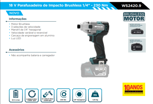 WS2420.9 18V Parafusadeira de Impacto Brushless 1/4" - 230Nm - - Image 2