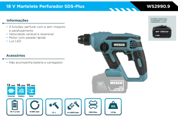 WS2990.9 Martelete Perfurador SDS-Plus  18 V - Image 2