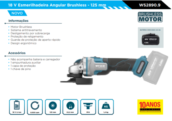 WS2890.9  Esmerilhadeira Brushless 18V- 125mm -  - Wesco - Image 2