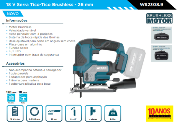 WS2308.9 18 V Serra Tico-Tico Brushless - 26 mm 