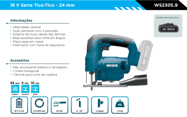 WS2305.9 18 V Serra Tico-Tico - 24 mm