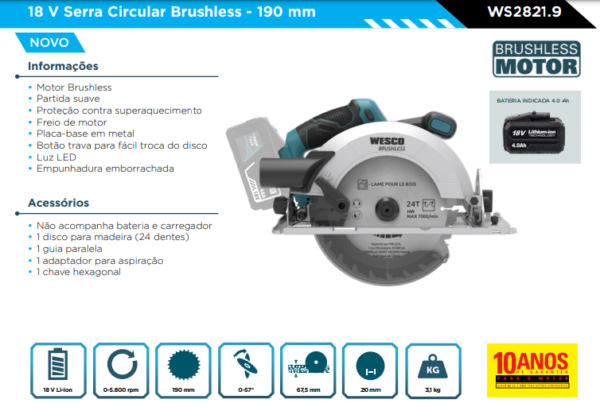 WS2821 Serra Circular Brushless 18V - 190m S/ BAT E CARREGADOR - Image 2