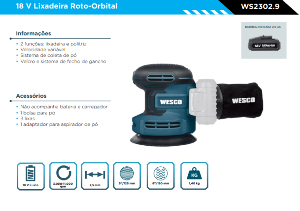WS2302.9 Lixadeira / Politriz Roto Orbital a bateria 18V (SEM BATERIA) - Image 2