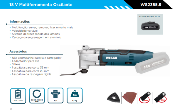 WS2355.9 Multiferramenta Oscilante - Wesco18V (SEM BATERIA E CARREGADOR)
