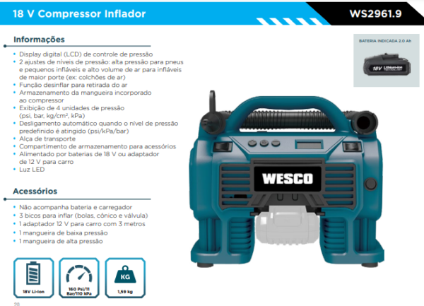 WS2961.9 Compressor / Inflador de ar a bateria 18V S/ BAT E CARREGADOR - Image 2