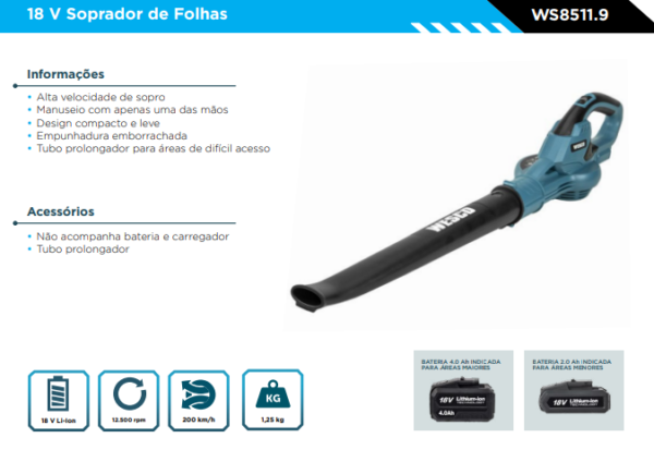 WS8511.9 Soprador de Folhas 18V SEM BATERIA E CARREGADOR - Image 2