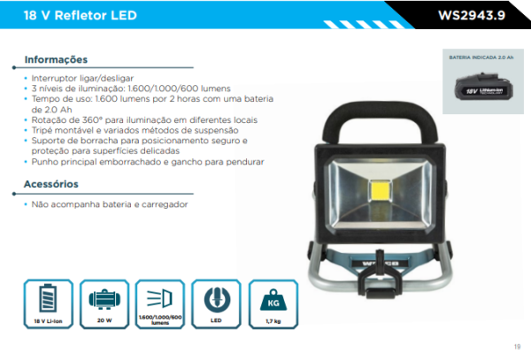 WS2943.9  Refletor LED 18 V (SEM BATERIA E SEM CARREGADOR)