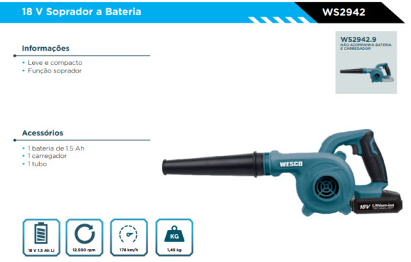 WS2942.9 Soprador a Bateria 18V Wesco SEM BATERIA E CARREGADOR - Image 2