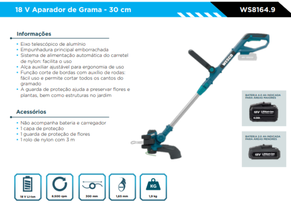 WS8164.9 Aparador de Grama a Bateria 18V (SEM BATERIA E SEM CARREGADOR - Image 2
