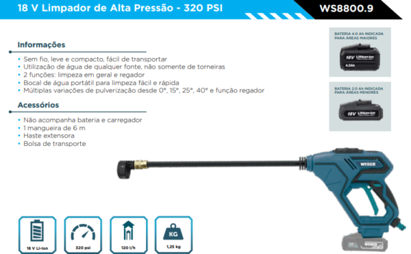 WS8800.9 Limpador de Alta Pressão 18V S/ BAT E CARREGADOR