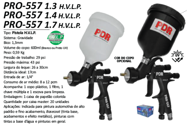 PRO-557 Pistola Pint. Grav. HVLP B. Inox 1,4mm 600ml copo Preto