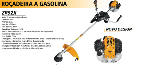 ZR52X Roçadeira Gasolina 51,7cc - Motor 2,1cv - 6.500rpm - 2 tempos