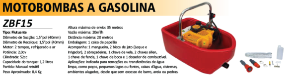 ZBF15   Motobomba Gasolina Flutuante 1,5"- Motor 2 Tempos 2,0 HP -  Partida Manual -