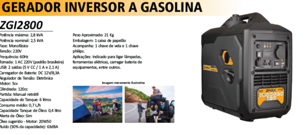 ZGI-2800  Gerador Inversor a Gasolina 2,8Kva Monofásico - 220V - 5,0HP - Partida Manual - Image 2