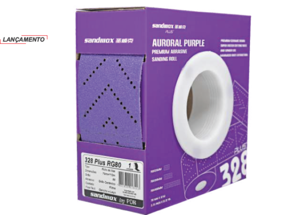 328 PLUS RG150   Rolo de Lixa Abrasiva, de 70mm largura x 12 metros comprimento, cor roxa, sem furos, Grão Cerâmico 150, com Costado em Filme e sistema fixa fácil de gancho e laço. Embalagem com 1 pç marca Sandwox.