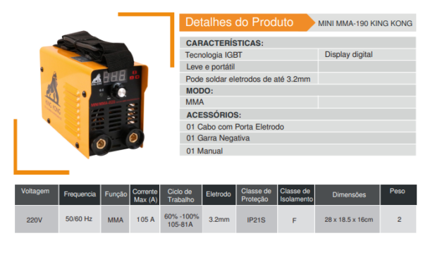 MINI MMA-190 KING KONG  Solda Inversora MMA+TIG (tocha seca) - Image 2