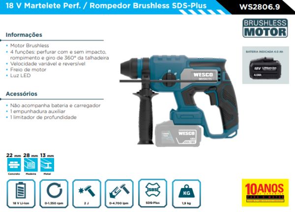 WS2806.9 18 V Martelete Perf. / Rompedor Brushless SDS-Plus - Image 2