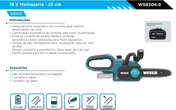 WS8304.9  Motosserra - 25 cm 18 V - Image 2