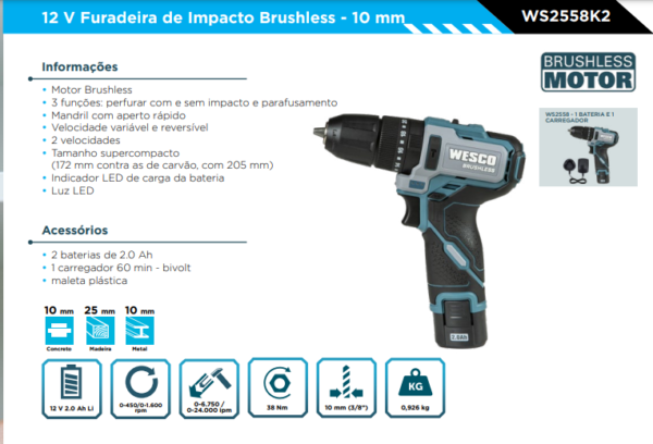 ws2558k2 Furadeira e paraf. de impacto 12V c/ 38nm- Com 2 baterias 2ah e maleta - Image 2