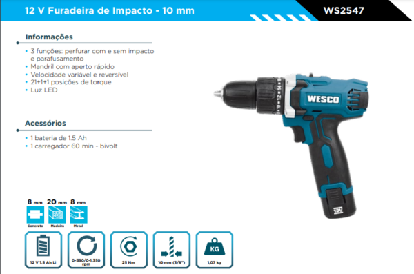 WS2547 FURADEIRA DE IMPACTO A BATERIA S/ BOLSA 12v com bat e carregador - Image 2