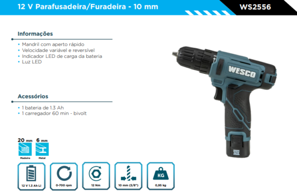 WS2556 furadeira e Parafusadeira a Bateria 12V c/ acessorios 13nm - Image 2