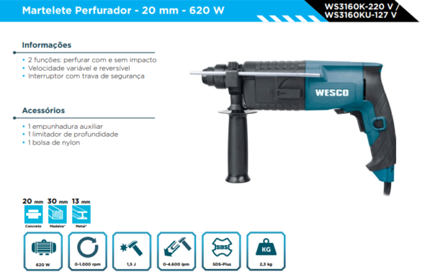 WS3160KU  Martelete SDS-Plus 620W - 127V - com bolsa. - Image 2