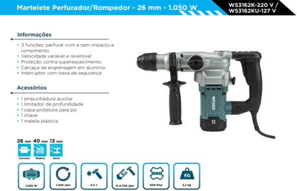 WS3162KU MARTELETE SDS PLUS 1050W 127V - Image 2