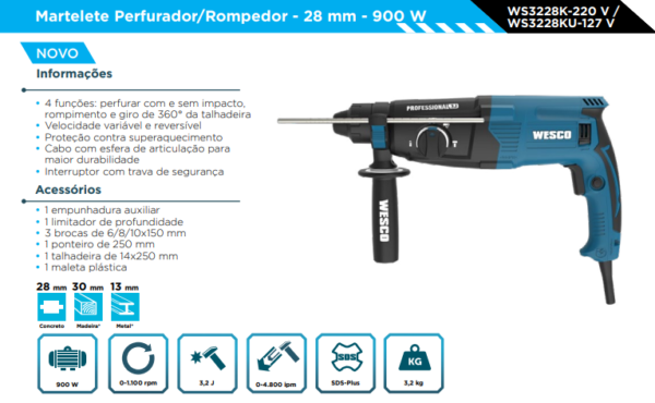 WS3228KU MARTELETE PERFURADOR/ROMPEDOR - 28MM/900W - 127V - Image 2