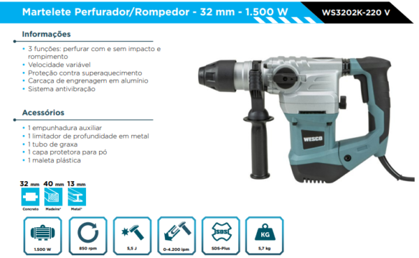 WS3202 Martelo Combinado 1500W - 5,5J - 220V - Enc SDS-Plus - Image 2