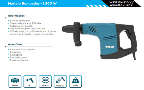 WS3225k Martelo Rompedor - 1.500W - Wesco 220V - Image 2