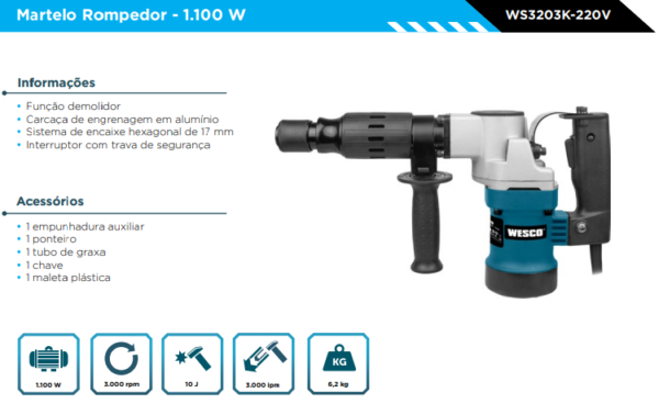 WS3203K Martelo Rompedor 1100W - 10J - 220V - Enc Hex 17mm - Image 2