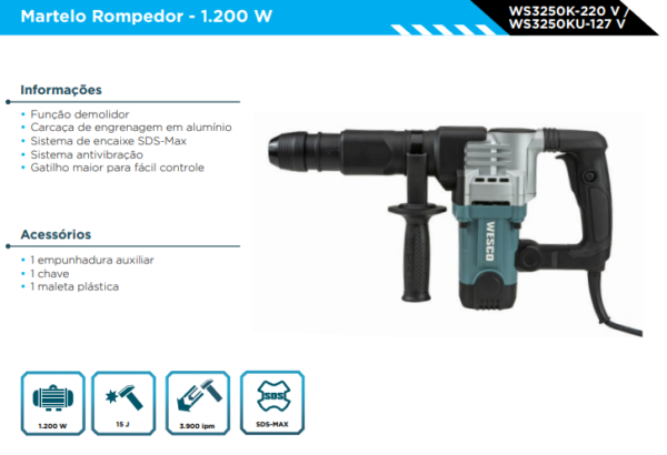 WS3250KU MARTELO ROMPEDOR SDS MAX 1.200W - 127V - Image 2
