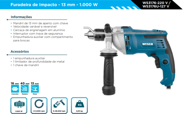 WS3176 Furadeira de impacto 1/2" 1000W - 220V