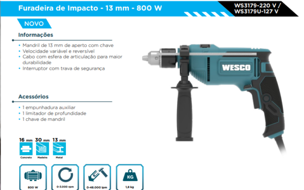 WS3179 Furadeira de Impacto 13mm/ 800W - 220V