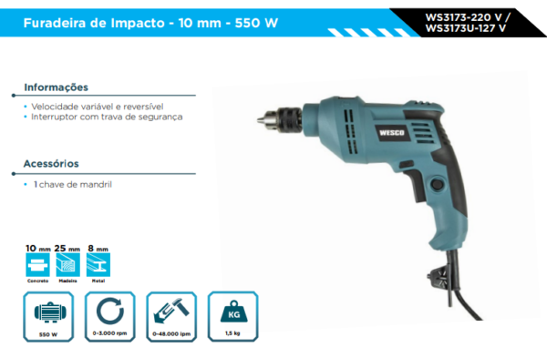 WS3173U FURADEIRA DE IMPACTO 3/8" 550W - 127V