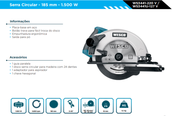 WS3441U Serra Circular de 7 1/4" - Disco de Serra 185mm - 1500W - 127V - Image 2