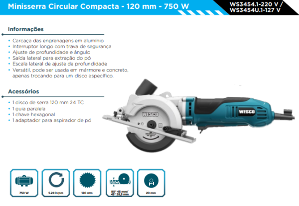 WS3454 Serra Circular Compacta- 750W 120mm 220V - Image 2