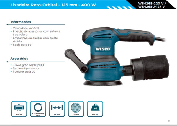 WS4265 Lixadeira Roto Orbital400W 220V - Image 2
