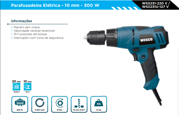 WS3231U PARAFUSADEIRA/FURADEIRA 3/8 300W - 127V - Image 2