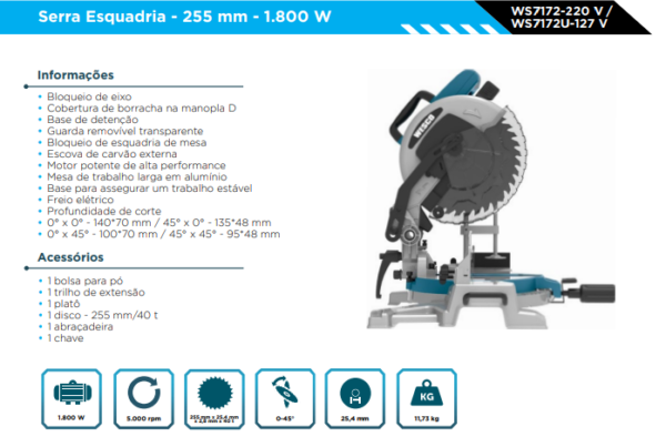 WS7172 Serra Meia Esquadria 1800W - 220V - Image 2