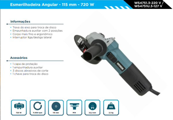 WS4751U.3 Esmerilhadeira Ang.720W 4.1/2" - 3 discos - 11.000 rpm -  127V (PREÇO UNIT. - PEDIDO MINIMO 6 UND) - Image 2
