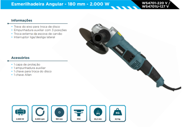 WS4701U Esmerilhadeira de 7" - 2000W 127V - Image 2