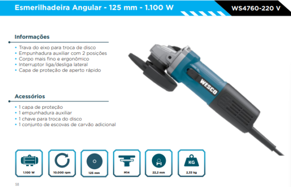 WS4760 Esmerilhadeira angular 125mm 1100W 220v - Image 2