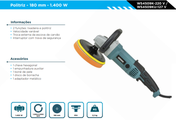 WS4909K Politriz 1400W  180mm 220V - Image 2
