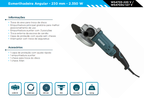 WS4703 Esmerilhadeira Angular  2350W / 230mm 220V - Image 2