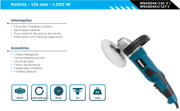 WS4504KU Politriz Angular 5" 125mm - 1200W - - com maleta 127V - Image 2